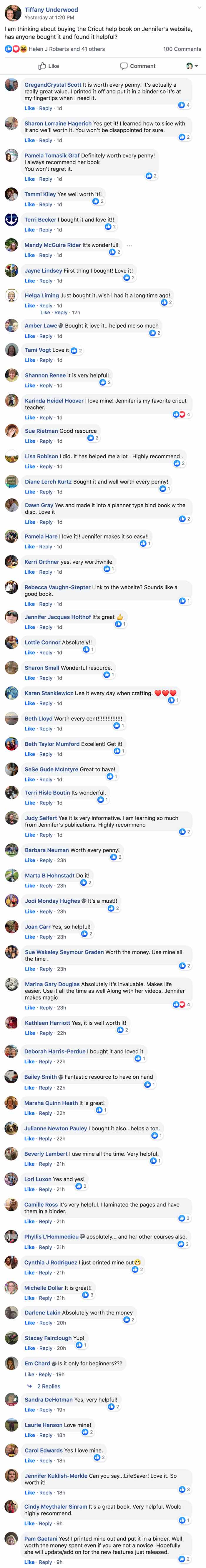 Facebook thread about Cricut Coach Playbook